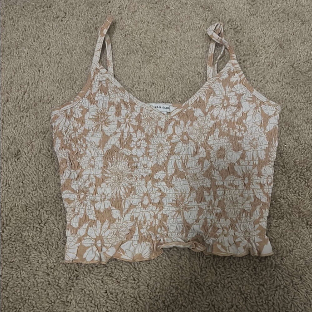 American Eagle Outfitters Tan and White Tie Front Crop Camisole